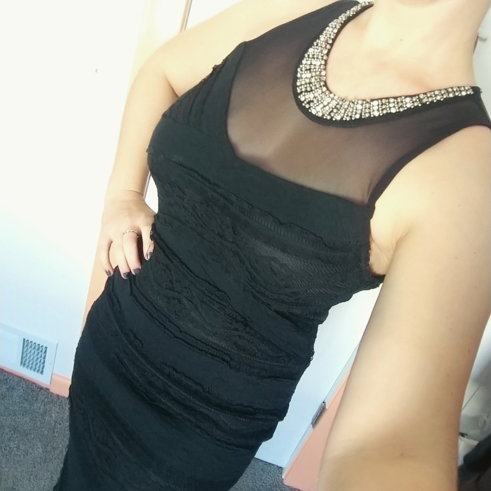 Rhinestone Top Lacey Black Dress